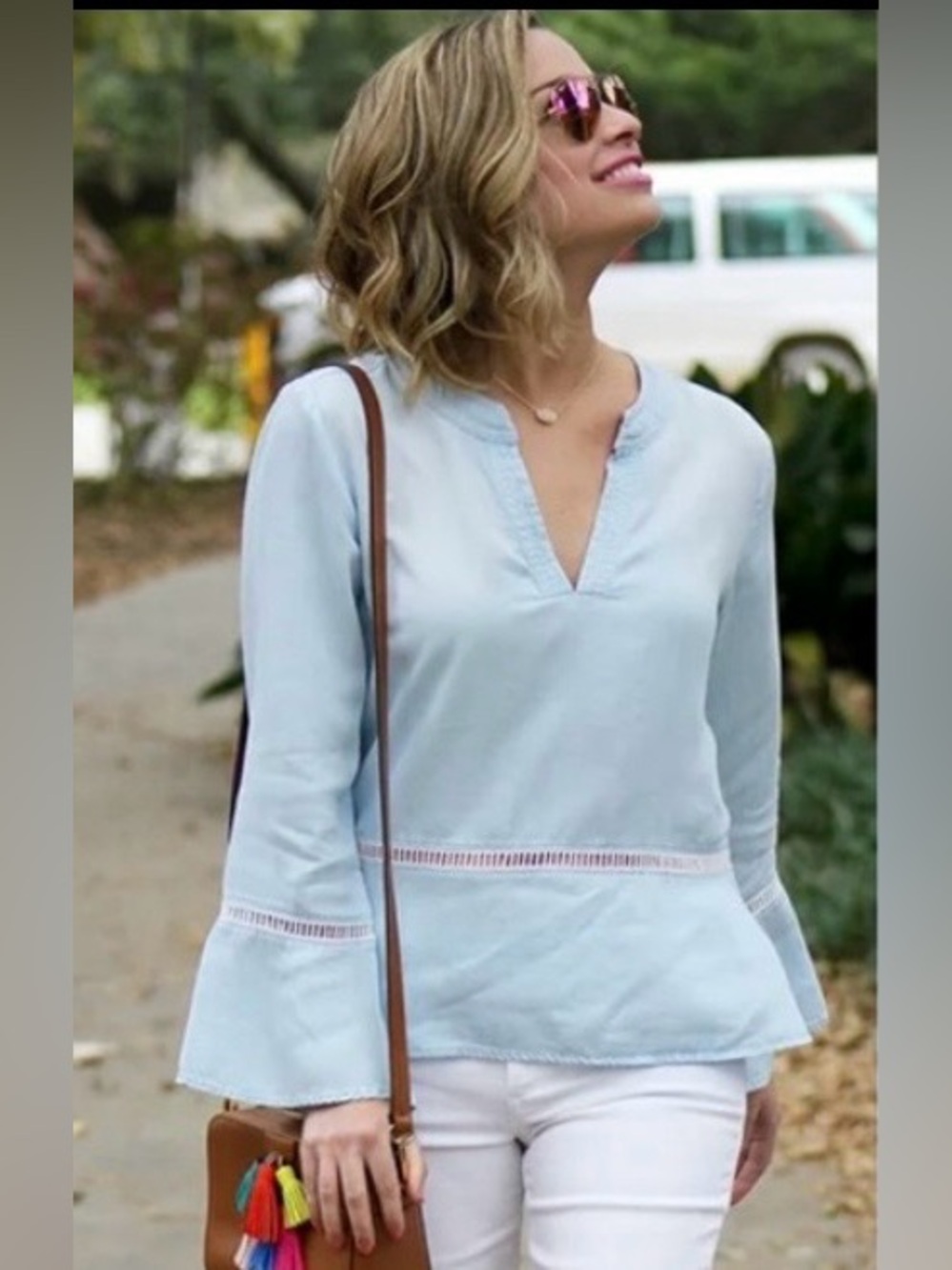 CLOTH STONE Anthropologie Chambray Top Blouse Peplum Bell Lace Boho